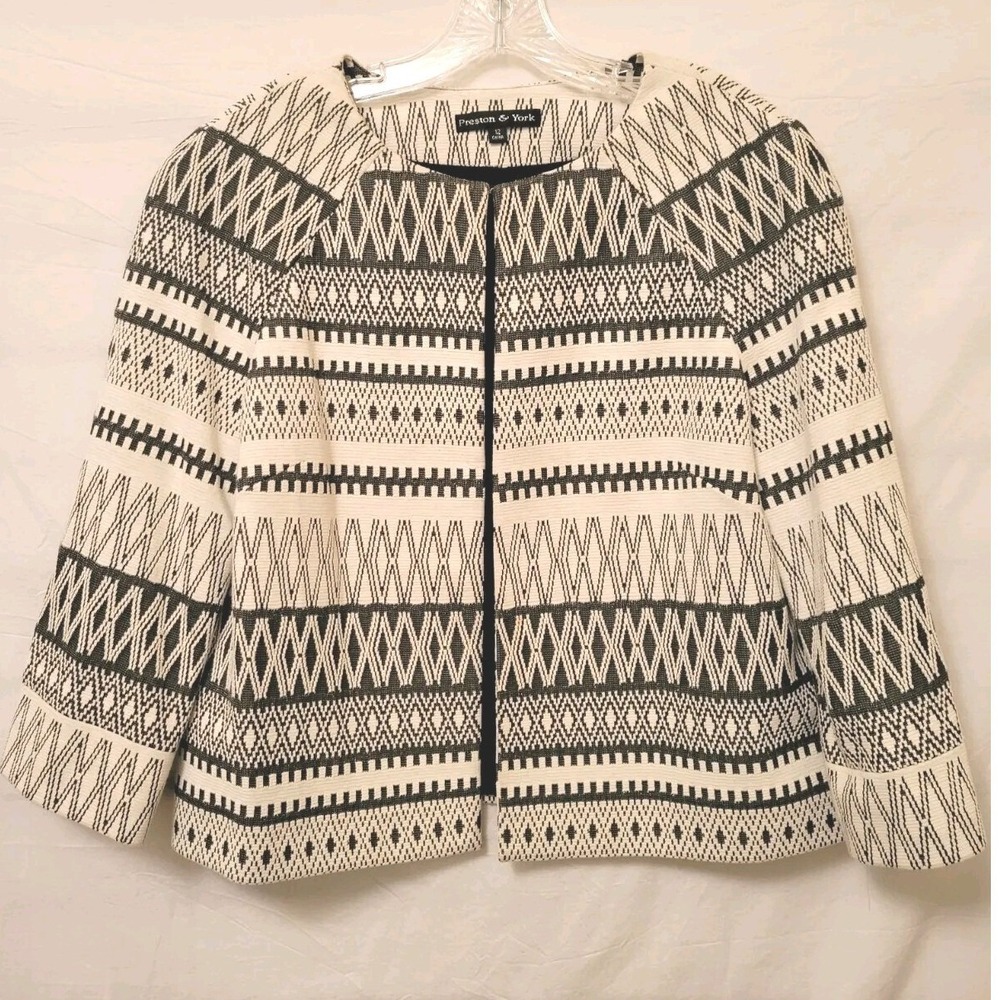 Preston & York Black White Geometric Textured Open Front Jacket Womens 12